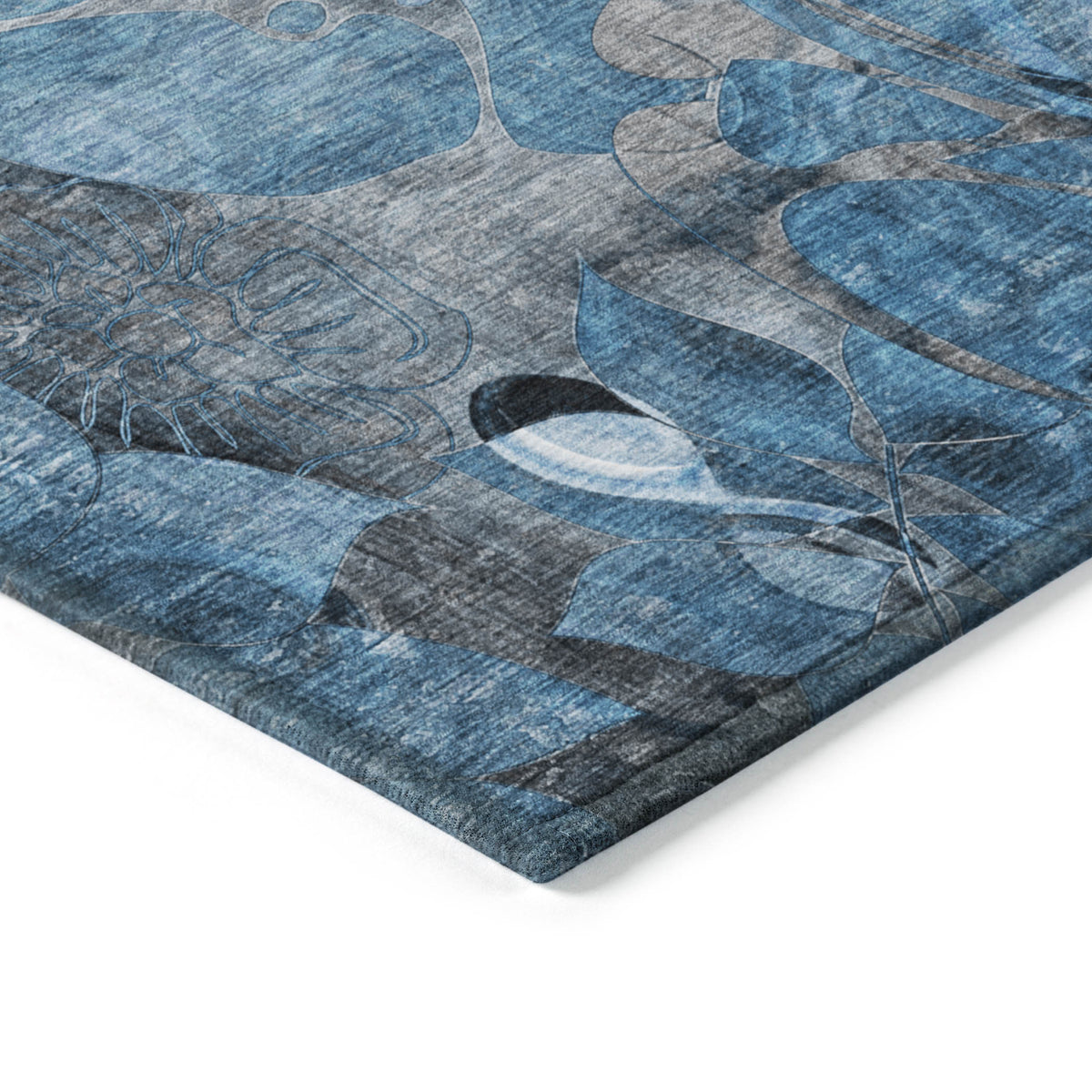 8' X 10' Blue and Gray Floral Washable Non Skid Indoor Outdoor Area Rug