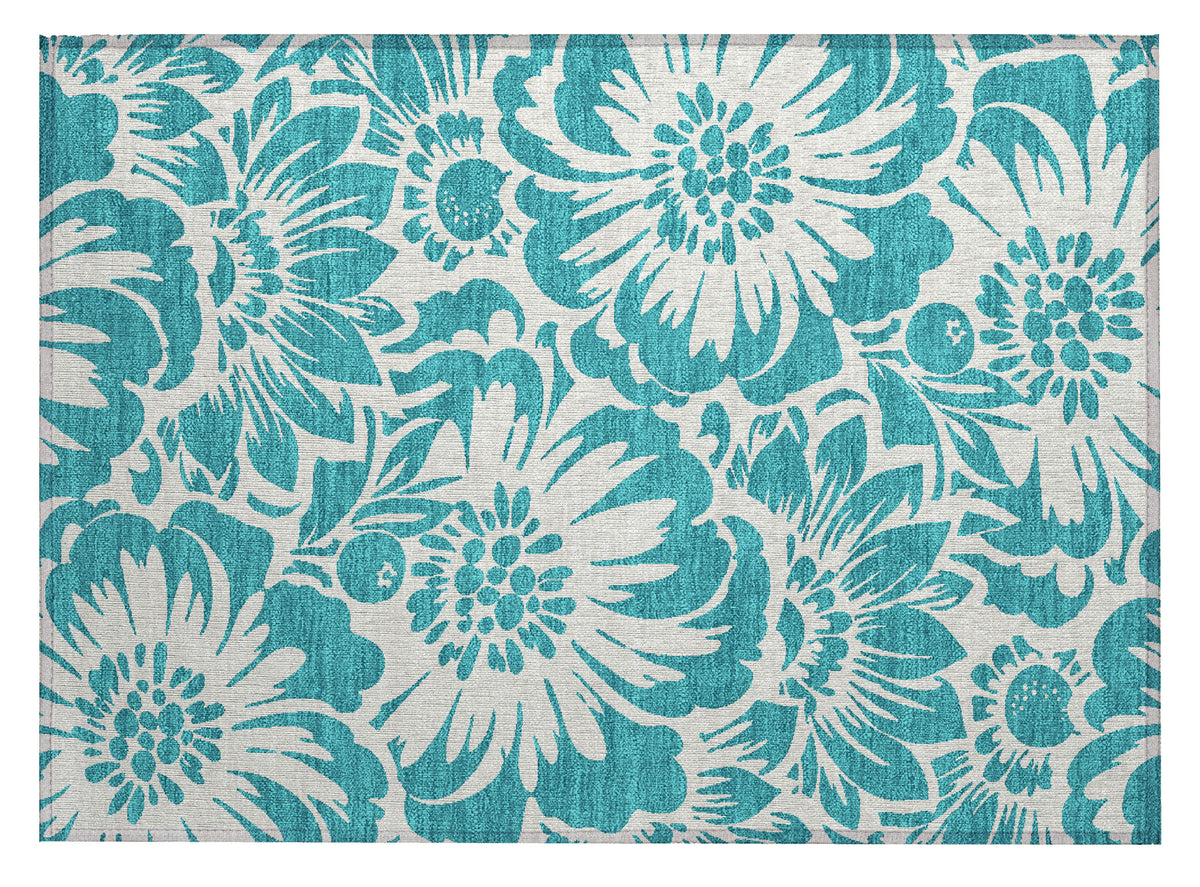 2' X 3' Teal and Ivory Floral Washable Non Skid Indoor Outdoor Area Rug