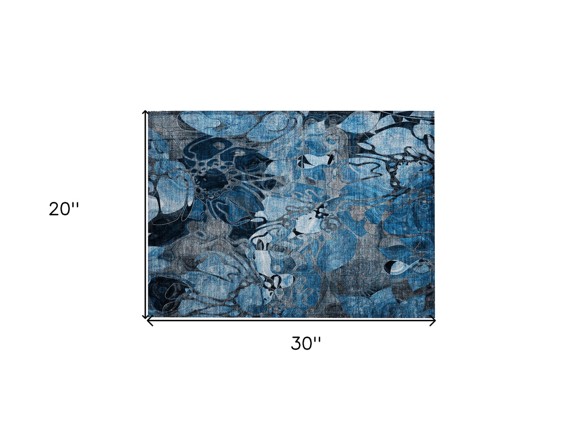 2' X 3' Blue and Gray Floral Washable Non Skid Indoor Outdoor Area Rug