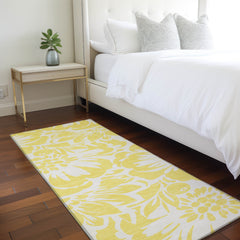 8' Runner Yellow and Ivory Floral Washable Non Skid Indoor Outdoor Runner Rug