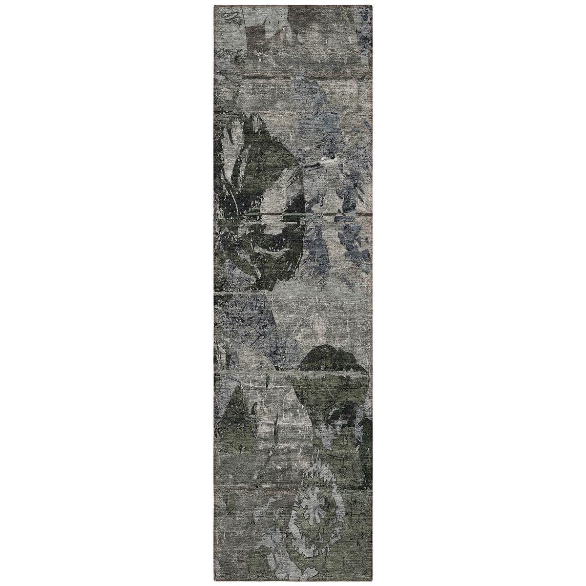 8' Runner Gray Dark Green and Black Floral Washable Non Skid Indoor Outdoor Runner Rug