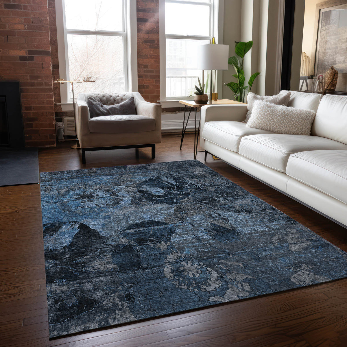 3' X 4' Blue and Dark Blue Floral Washable Non Skid Indoor Outdoor Area Rug