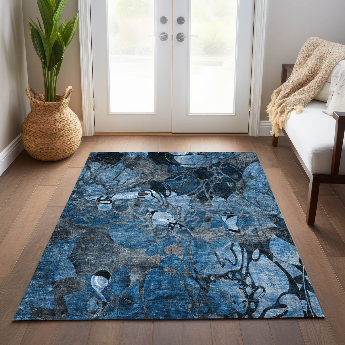 3' X 5' Blue and Gray Floral Washable Non Skid Indoor Outdoor Area Rug