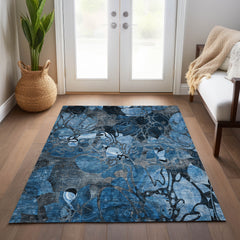 3' X 5' Blue and Gray Floral Washable Non Skid Indoor Outdoor Area Rug