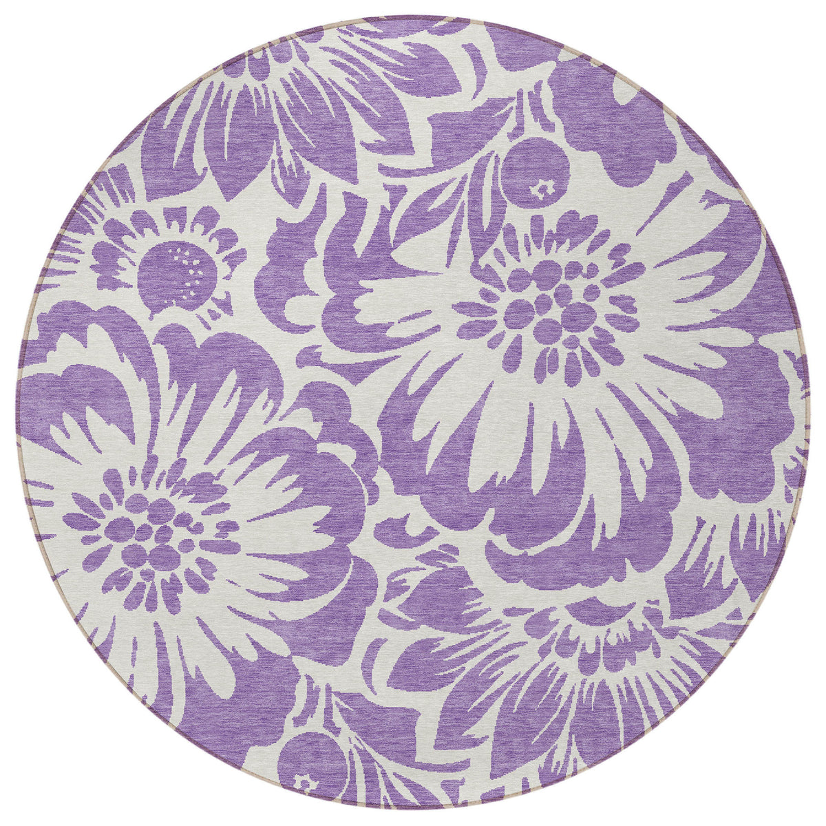 8' Round Purple and Ivory Round Floral Washable Non Skid Indoor Outdoor Area Rug