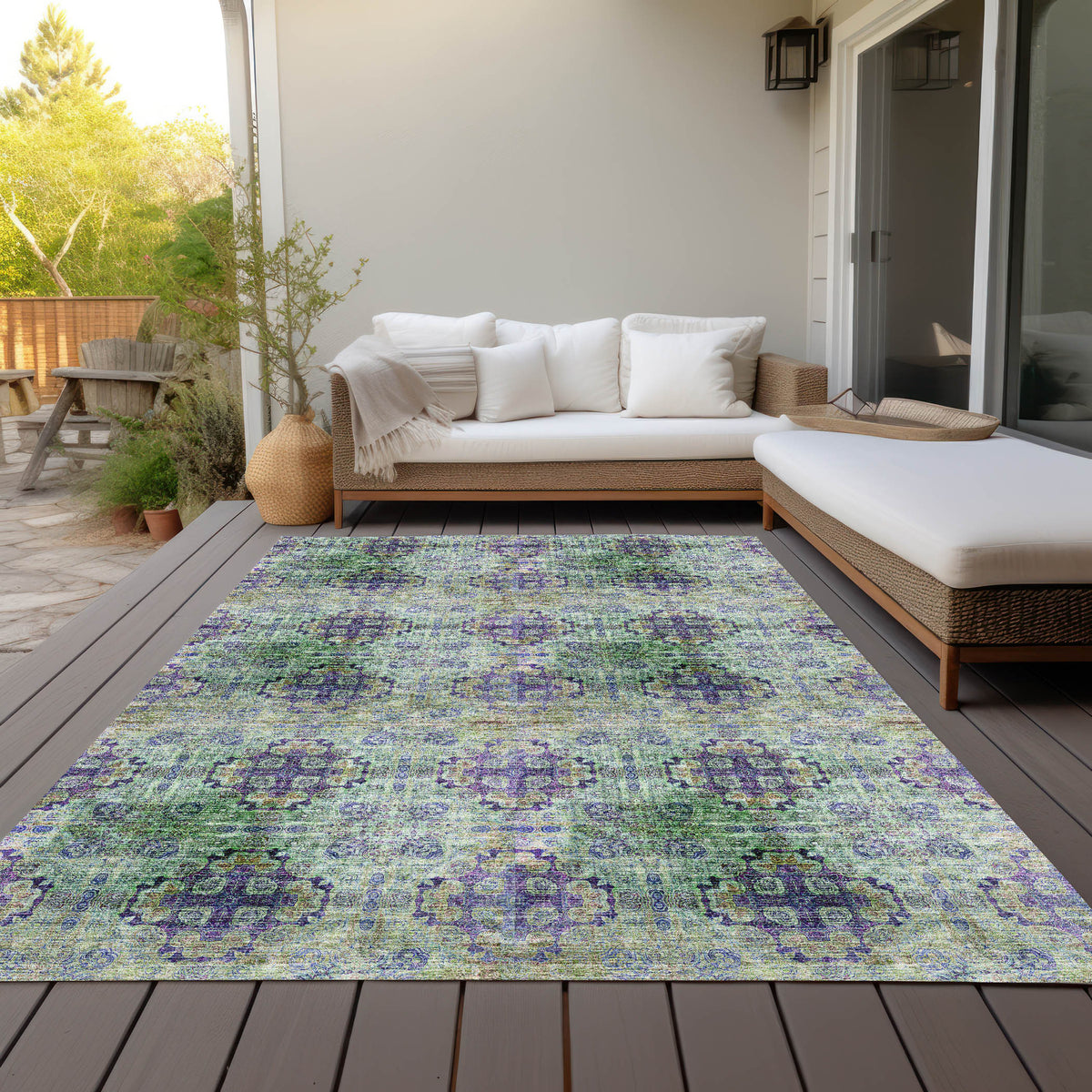 3' X 5' Purple and Green Floral Medallion Washable Non Skid Indoor Outdoor Area Rug