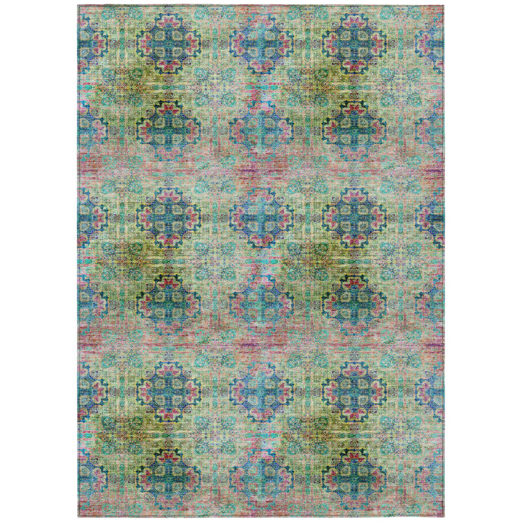 3' X 4' Blue and Green Floral Medallion Washable Non Skid Indoor Outdoor Area Rug