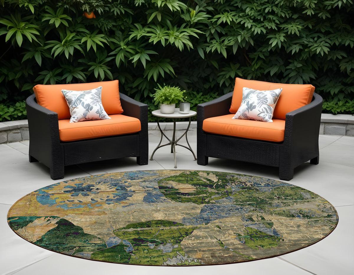 8' Round Taupe Blue and Green Round Floral Washable Non Skid Indoor Outdoor Area Rug