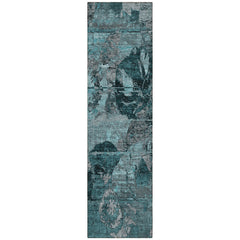 8' Runner Teal and Gray Floral Washable Non Skid Indoor Outdoor Runner Rug