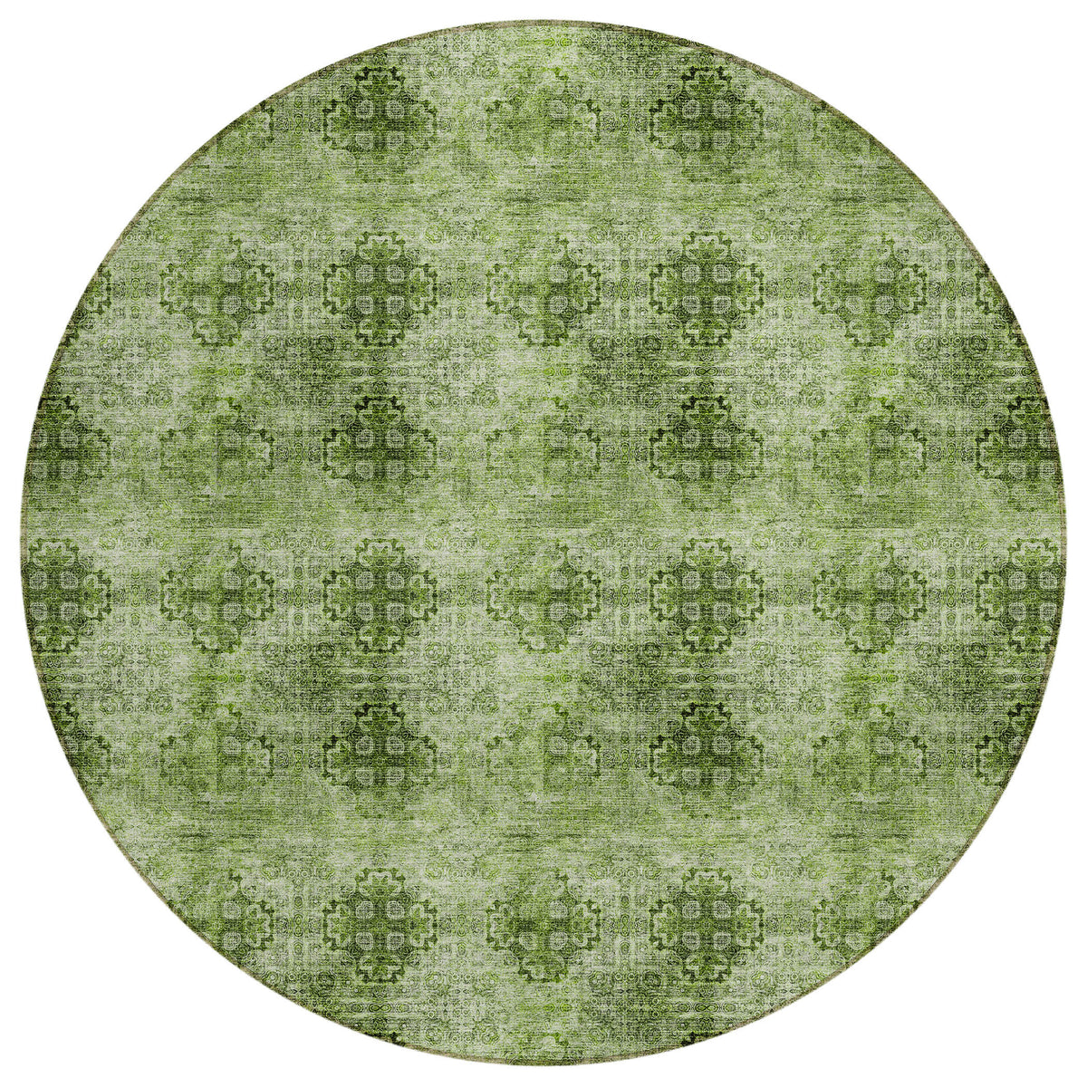 8' Round Olive Green Round Floral Medallion Washable Non Skid Indoor Outdoor Area Rug