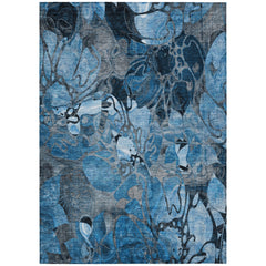 5' X 8' Blue and Gray Floral Washable Non Skid Indoor Outdoor Area Rug