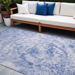 9' X 12' Blue Abstract Washable Non Skid Indoor Outdoor Area Rug