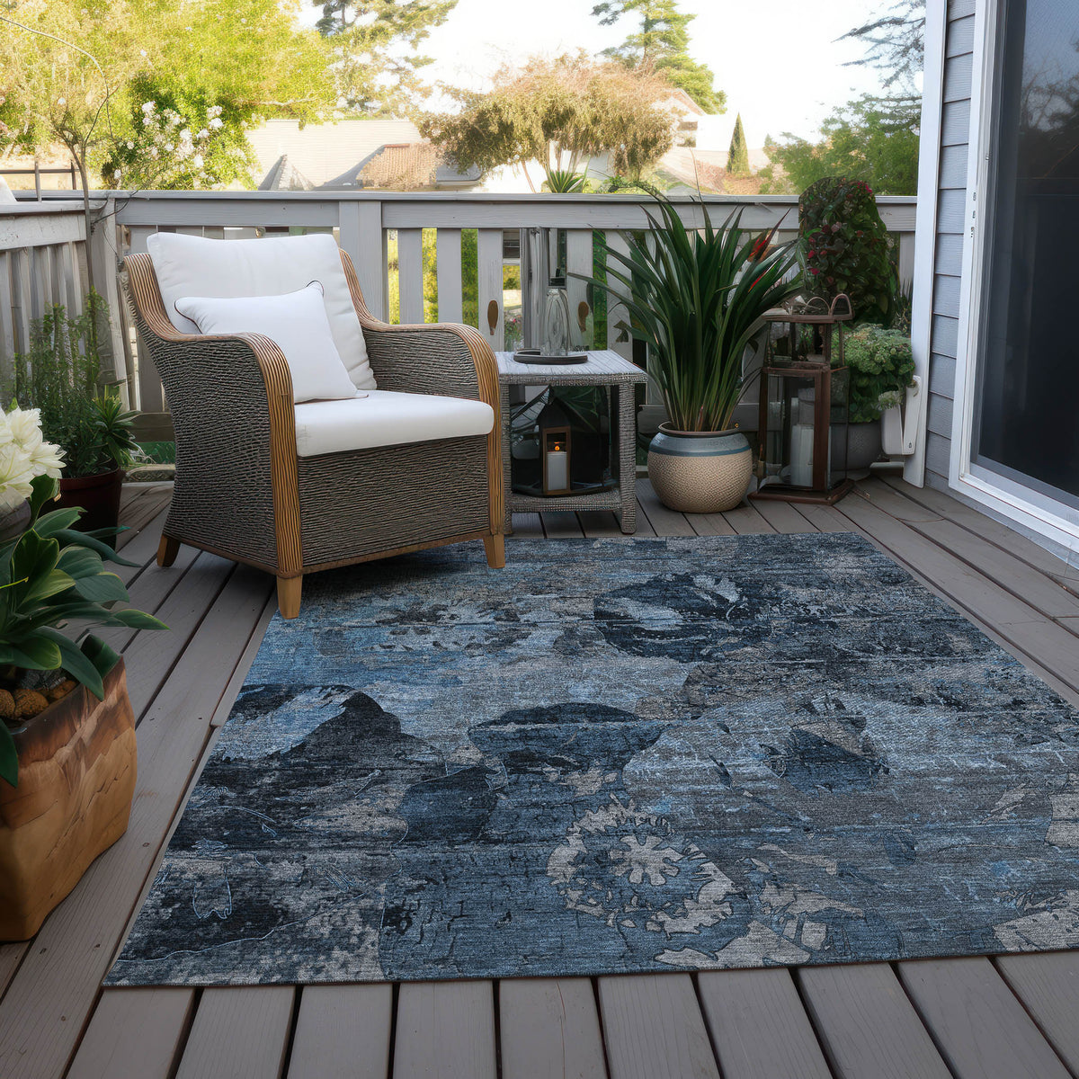 3' X 5' Blue and Dark Blue Floral Washable Non Skid Indoor Outdoor Area Rug
