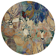8' Round Beige and Blue Round Floral Washable Non Skid Indoor Outdoor Area Rug