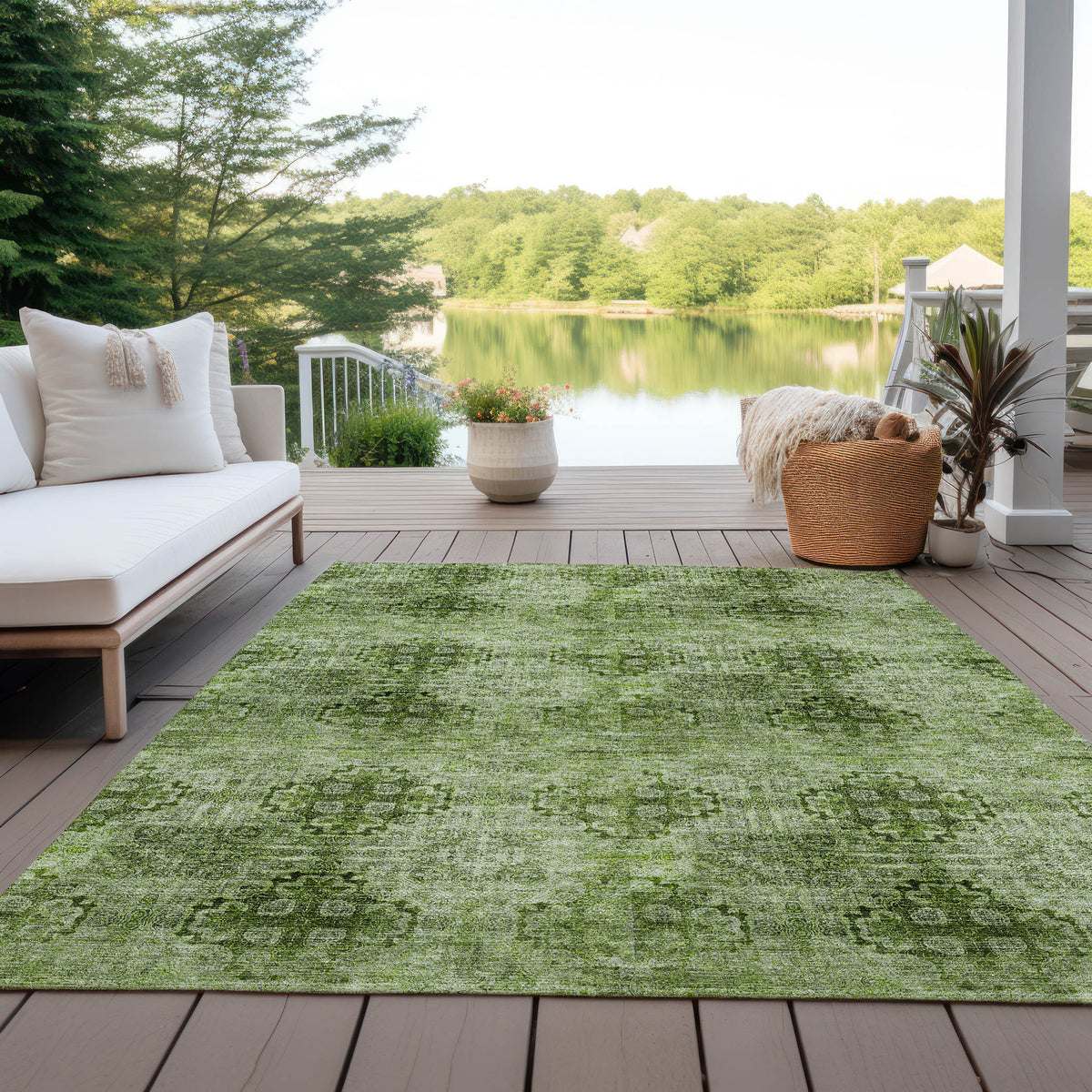 5' X 8' Olive Green Floral Medallion Washable Non Skid Indoor Outdoor Area Rug