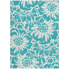 10' X 14' Teal and Ivory Floral Washable Non Skid Indoor Outdoor Area Rug