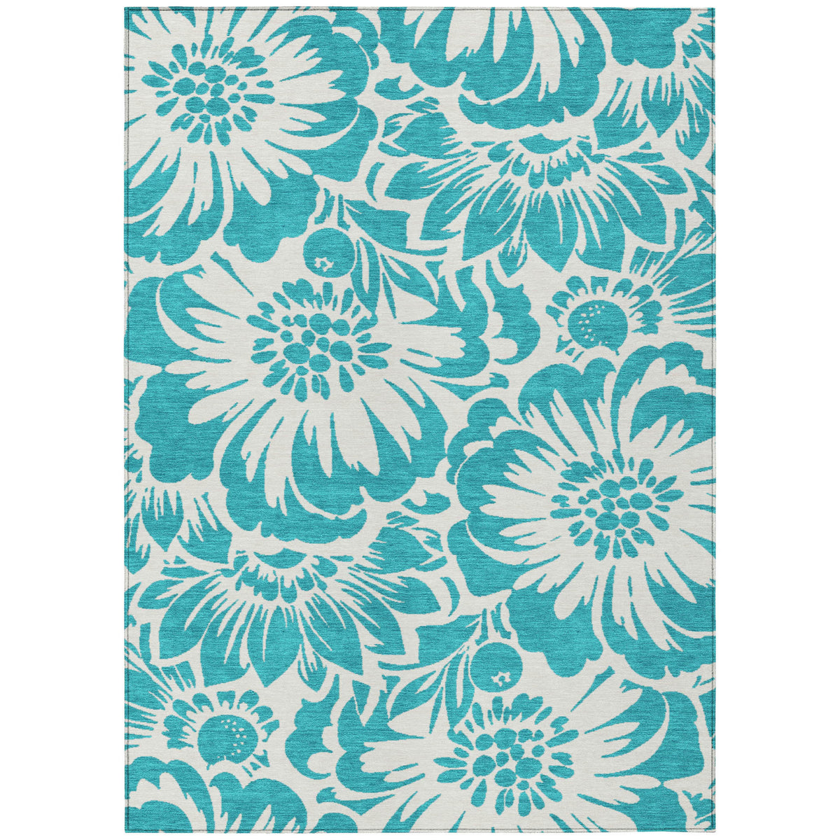 3' X 4' Teal and Ivory Floral Washable Non Skid Indoor Outdoor Area Rug