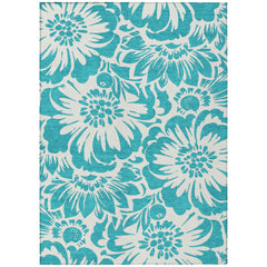 3' X 4' Teal and Ivory Floral Washable Non Skid Indoor Outdoor Area Rug