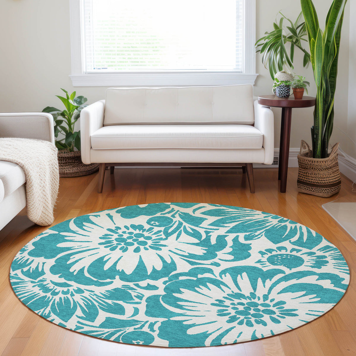 8' Round Teal and Ivory Round Floral Washable Non Skid Indoor Outdoor Area Rug