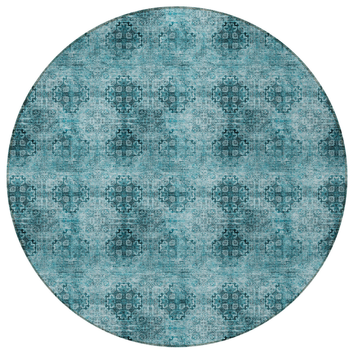 8' Round Teal Round Floral Medallion Washable Non Skid Indoor Outdoor Area Rug