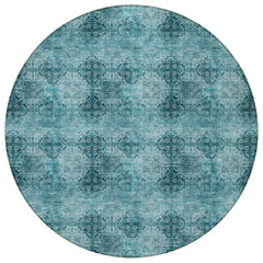 8' Round Teal Round Floral Medallion Washable Non Skid Indoor Outdoor Area Rug