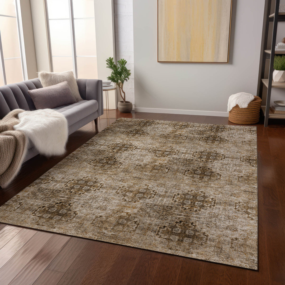 10' X 14' Taupe Floral Medallion Washable Non Skid Indoor Outdoor Area Rug