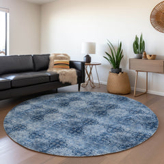 8' Round Navy Blue Round Floral Medallion Washable Non Skid Indoor Outdoor Area Rug
