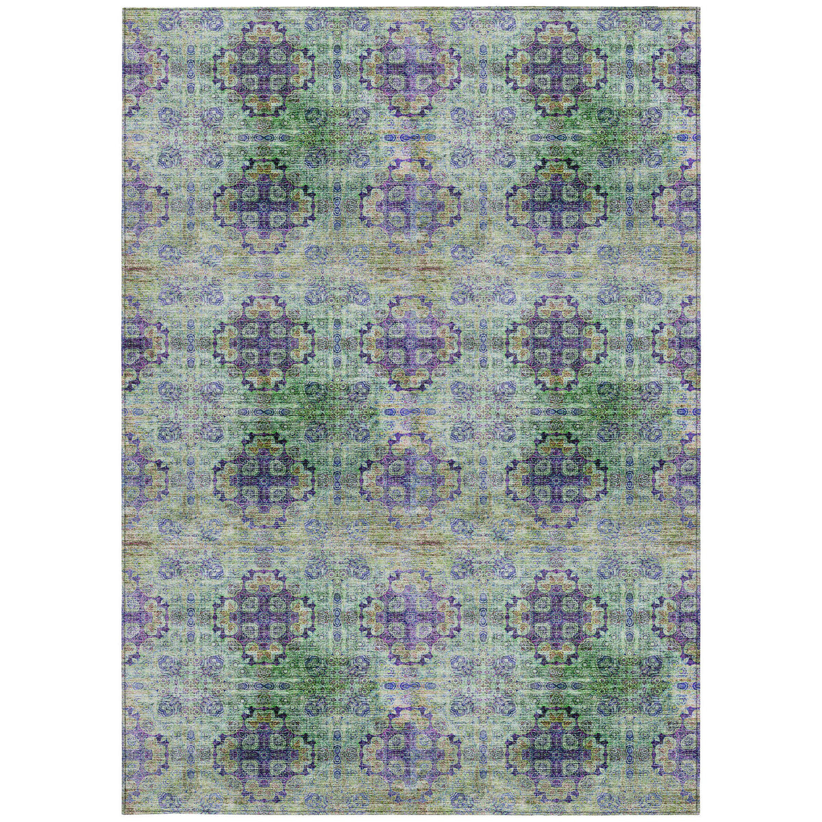 9' X 12' Purple and Green Floral Medallion Washable Non Skid Indoor Outdoor Area Rug