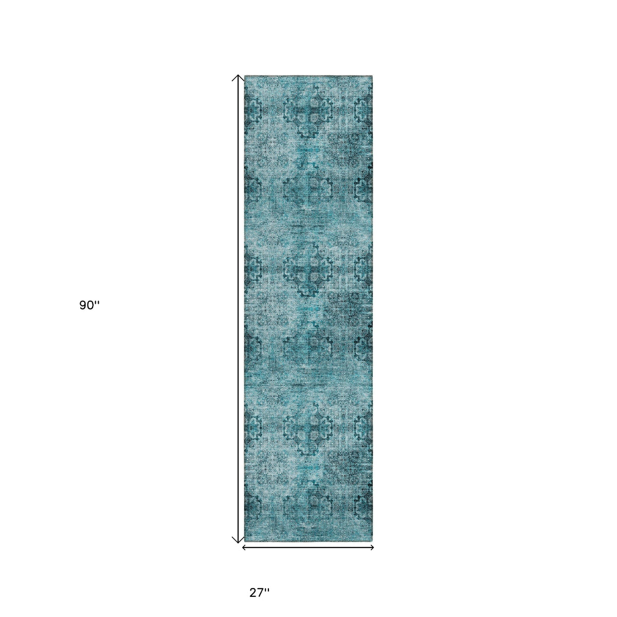 8' Runner Teal Floral Medallion Washable Non Skid Indoor Outdoor Runner Rug