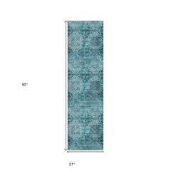 8' Runner Teal Floral Medallion Washable Non Skid Indoor Outdoor Runner Rug