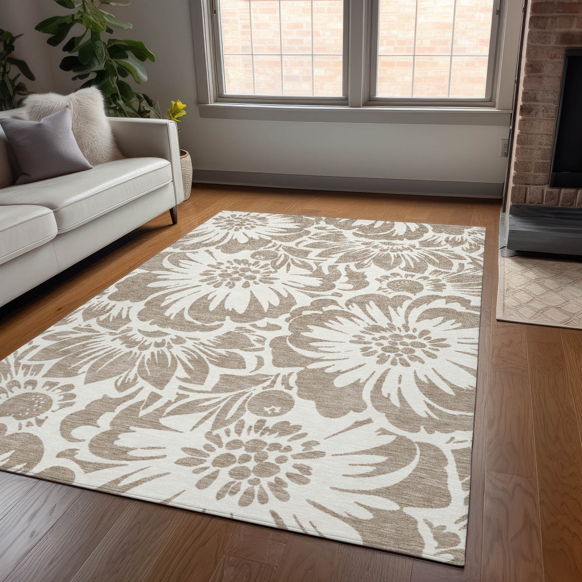 3' X 4' Taupe and Ivory Floral Washable Non Skid Indoor Outdoor Area Rug