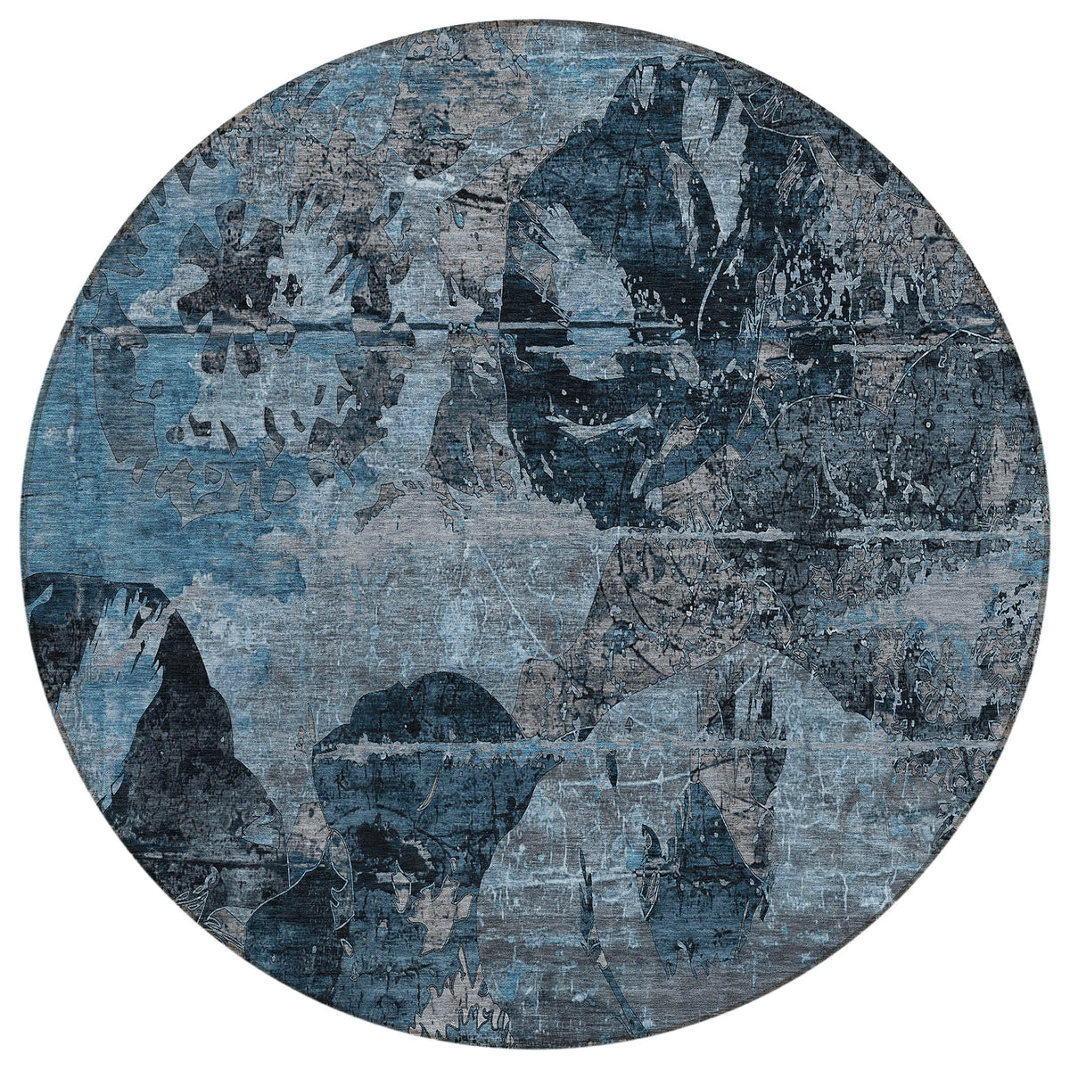 8' Round Blue and Dark Blue Round Floral Washable Non Skid Indoor Outdoor Area Rug