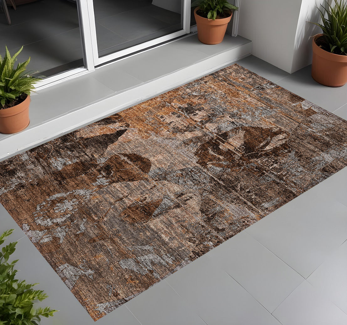 2' X 3' Brown Terracotta and Gray Floral Washable Non Skid Indoor Outdoor Area Rug