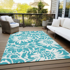 3' X 5' Teal and Ivory Floral Washable Non Skid Indoor Outdoor Area Rug
