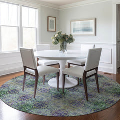 8' Round Purple and Green Round Floral Medallion Washable Non Skid Indoor Outdoor Area Rug
