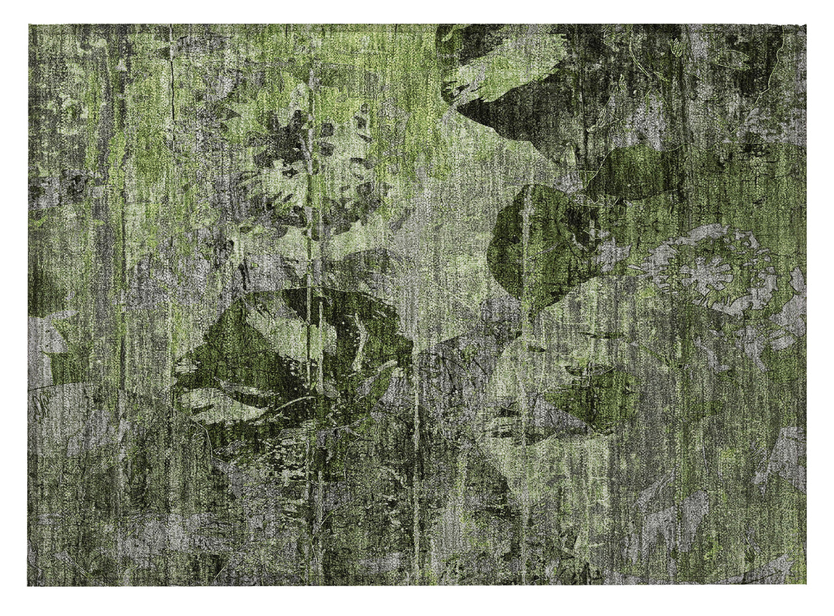 2' X 3' Green and Gray Floral Washable Non Skid Indoor Outdoor Area Rug