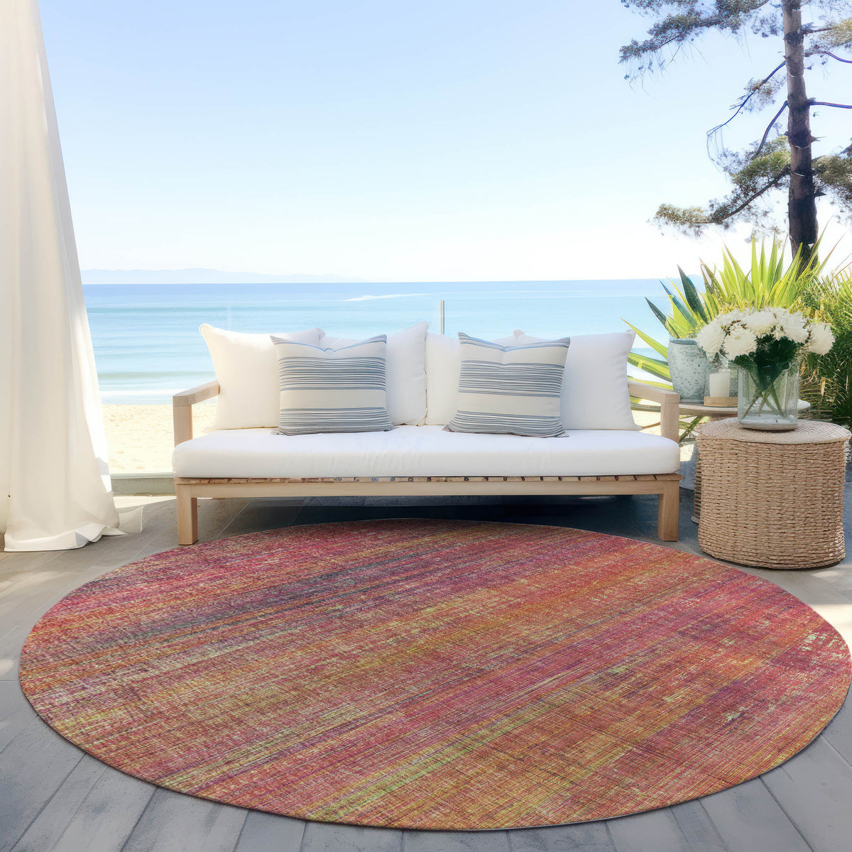 8' Round Red and Orange Round Striped Washable Non Skid Indoor Outdoor Area Rug
