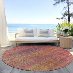 8' Round Red and Orange Round Striped Washable Non Skid Indoor Outdoor Area Rug