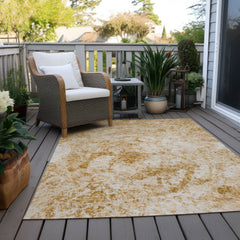 8' X 10' Cream and Gold Abstract Washable Non Skid Indoor Outdoor Area Rug