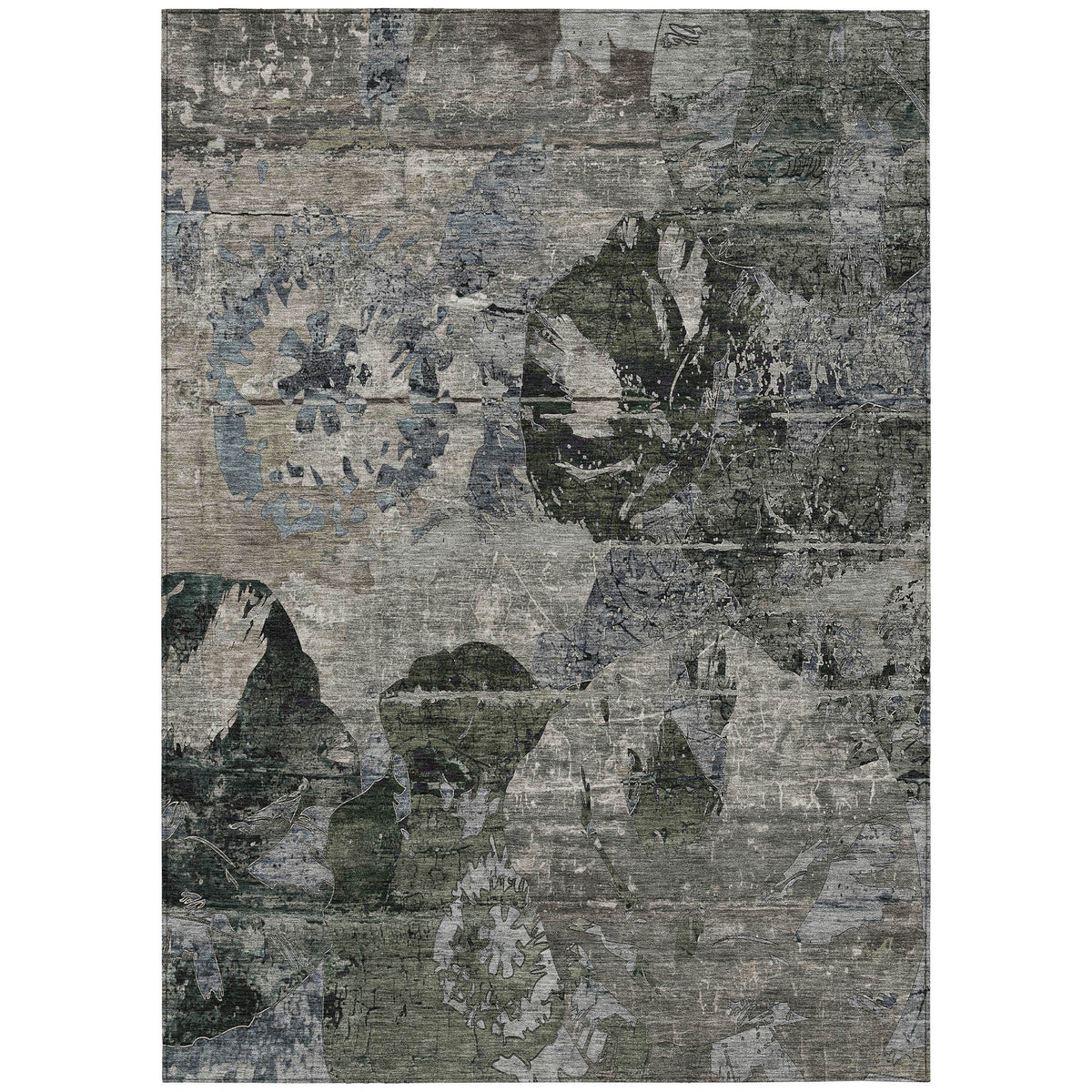 10' X 14' Gray Dark Green and Black Floral Washable Non Skid Indoor Outdoor Area Rug