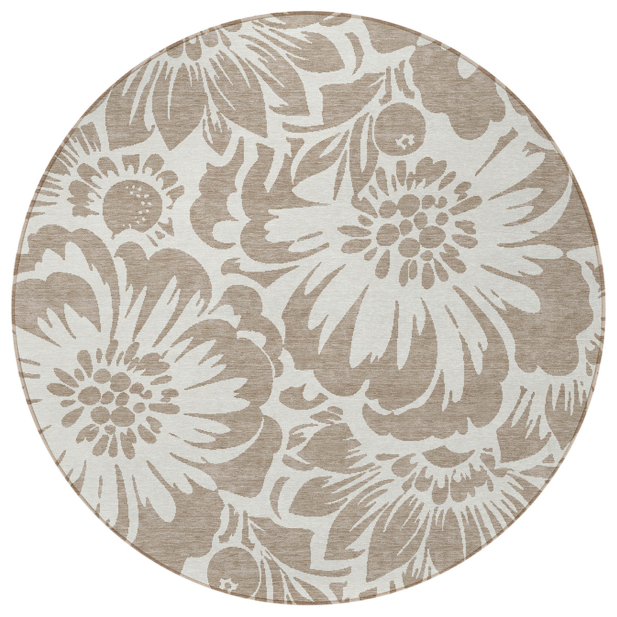 8' Round Taupe and Ivory Round Floral Washable Non Skid Indoor Outdoor Area Rug