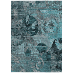 9' X 12' Teal and Gray Floral Washable Non Skid Indoor Outdoor Area Rug