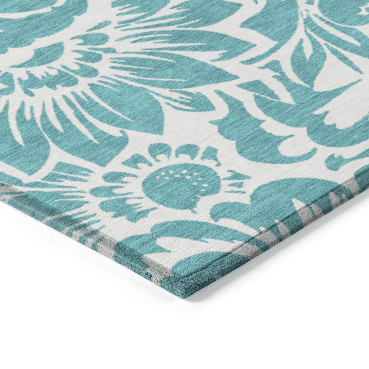 8' X 10' Teal and Ivory Floral Washable Non Skid Indoor Outdoor Area Rug