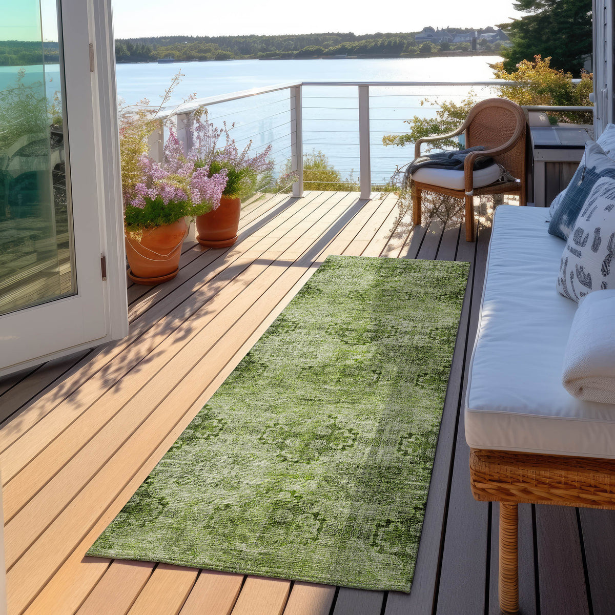 8' Runner Olive Green Floral Medallion Washable Non Skid Indoor Outdoor Runner Rug