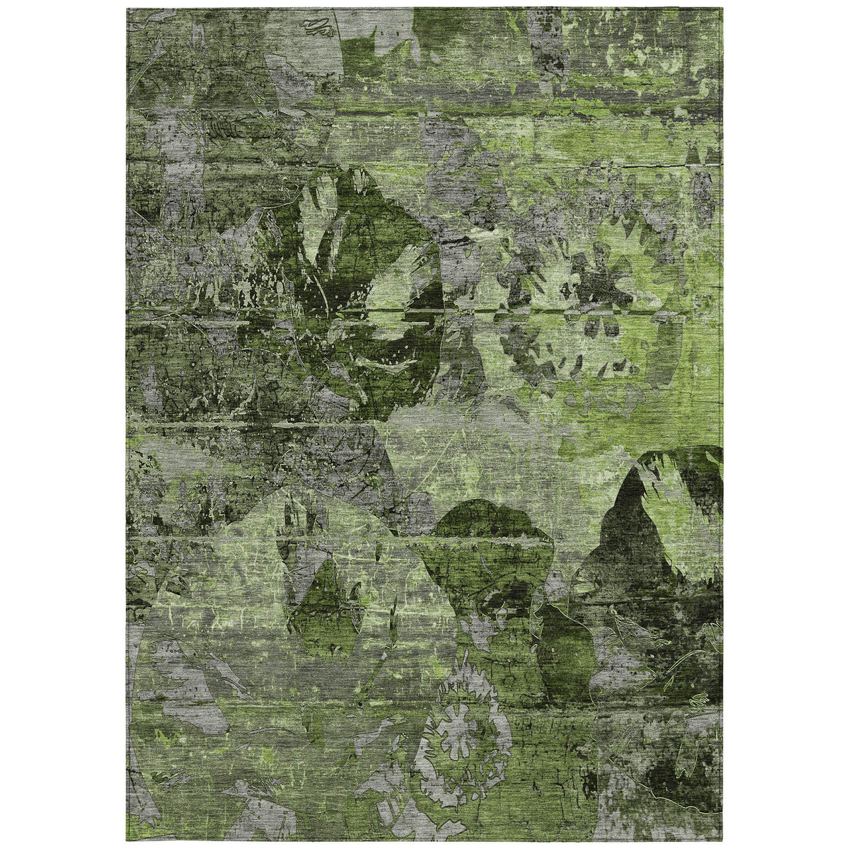 8' X 10' Green and Gray Floral Washable Non Skid Indoor Outdoor Area Rug