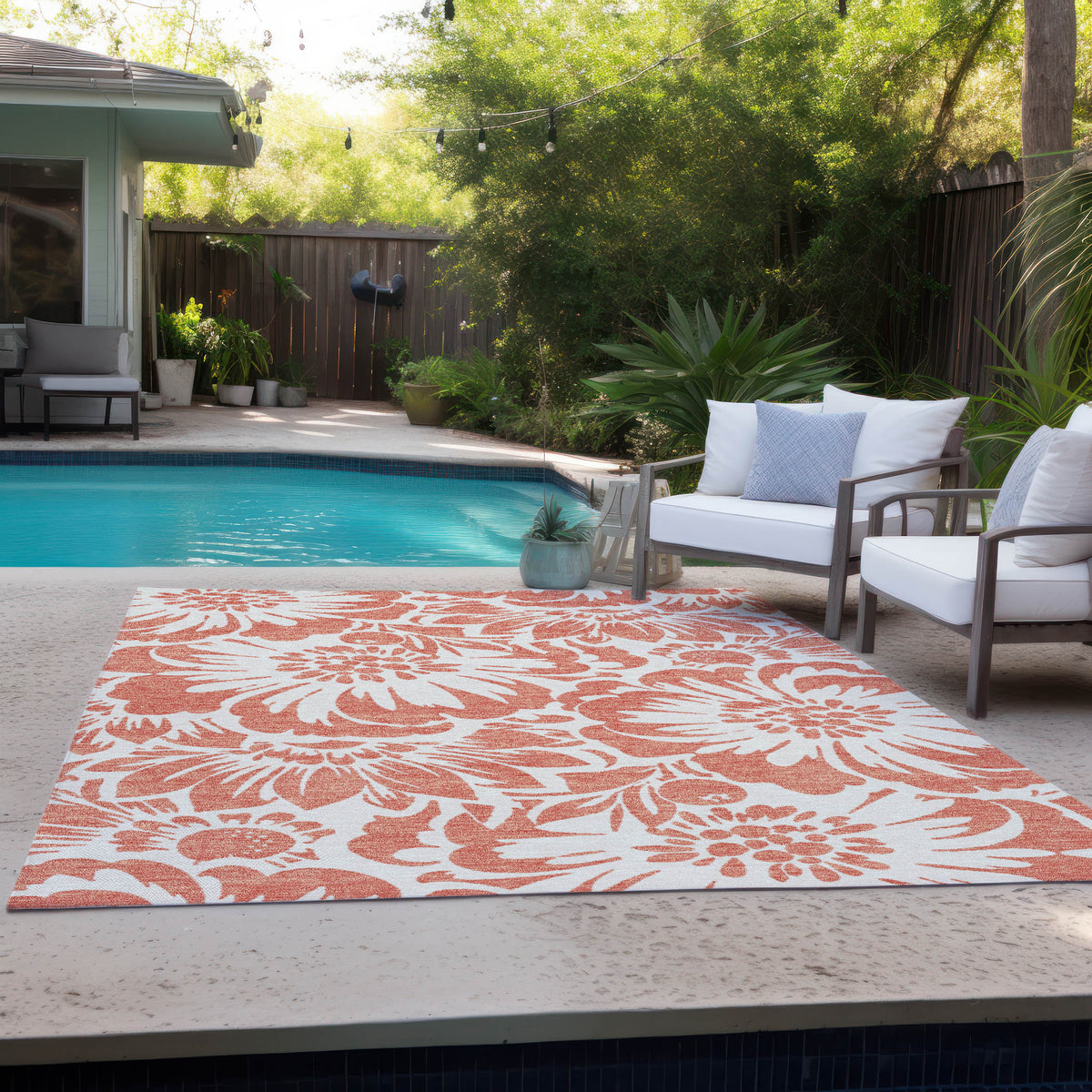 3' X 5' Salmon and Ivory Floral Washable Non Skid Indoor Outdoor Area Rug