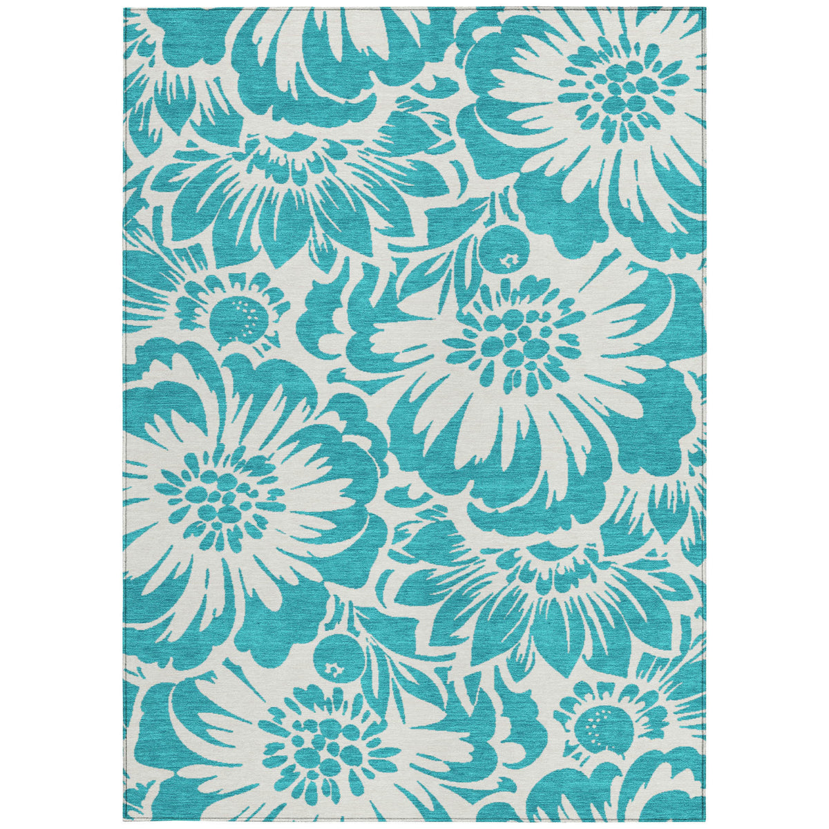 9' X 12' Teal and Ivory Floral Washable Non Skid Indoor Outdoor Area Rug