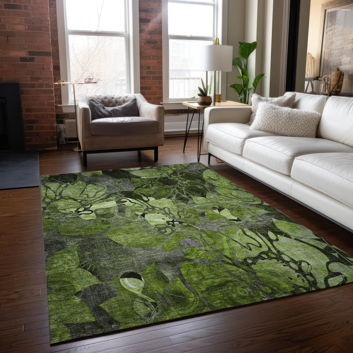 9' X 12' Fern Green and Gray Floral Washable Non Skid Indoor Outdoor Area Rug