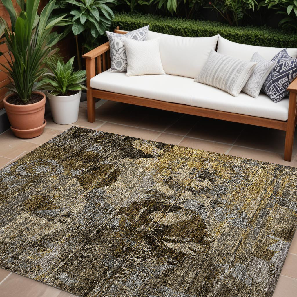 9' X 12' Brown Terracotta and Gray Floral Washable Non Skid Indoor Outdoor Area Rug