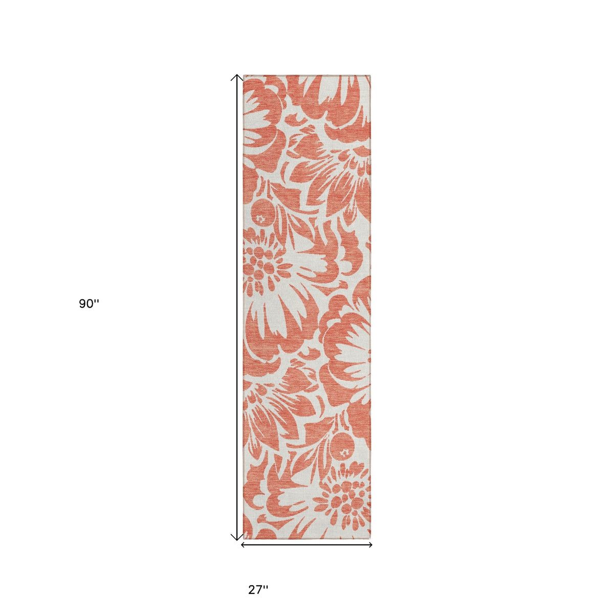 8' Runner Salmon and Ivory Floral Washable Non Skid Indoor Outdoor Runner Rug